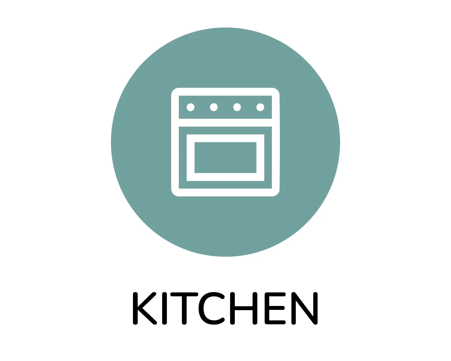 Icon of an oven inside a teal circle with the word "KITCHEN" below.