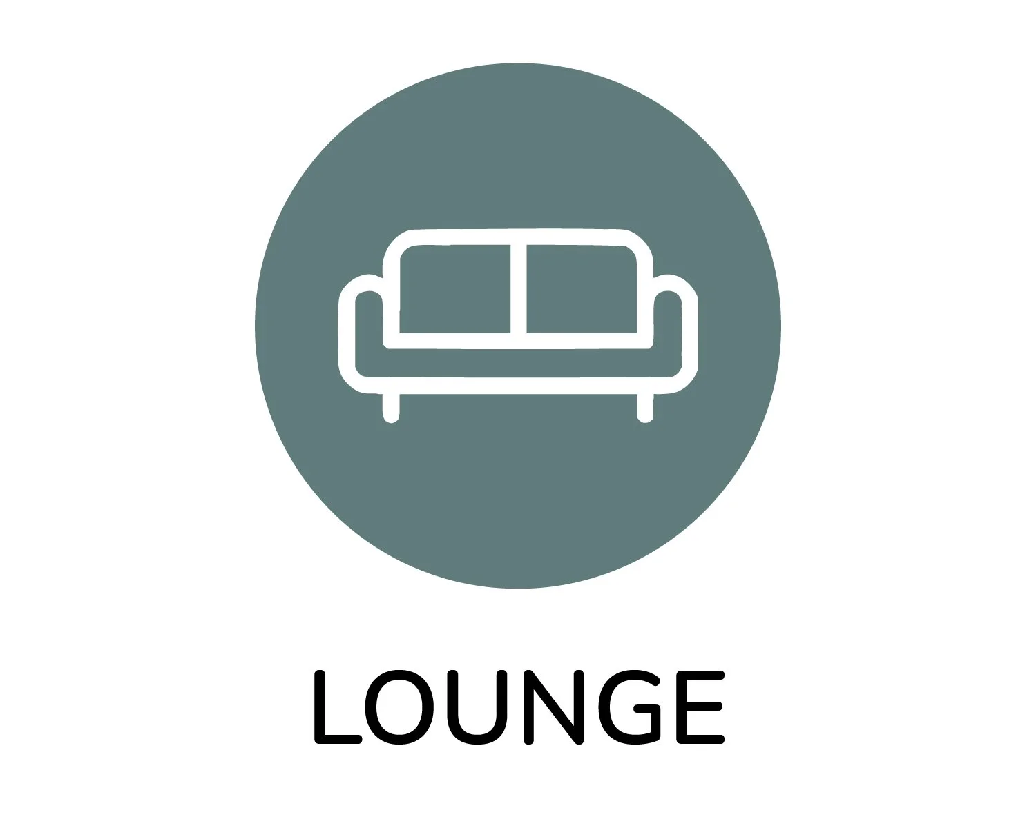 Icon of a sofa with the word 'LOUNGE' underneath, on a dark grey circle background.
