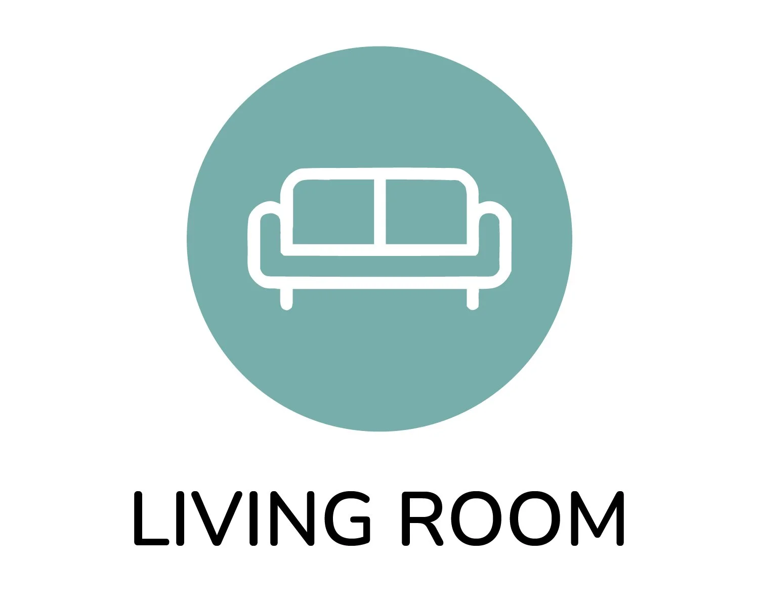 Icon of a sofa inside a teal circle with the text 'LIVING ROOM' below.