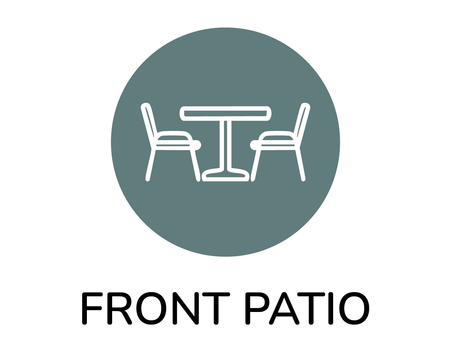 Icon of a table with two chairs on a dark green circular background with the text "Front Patio" below.