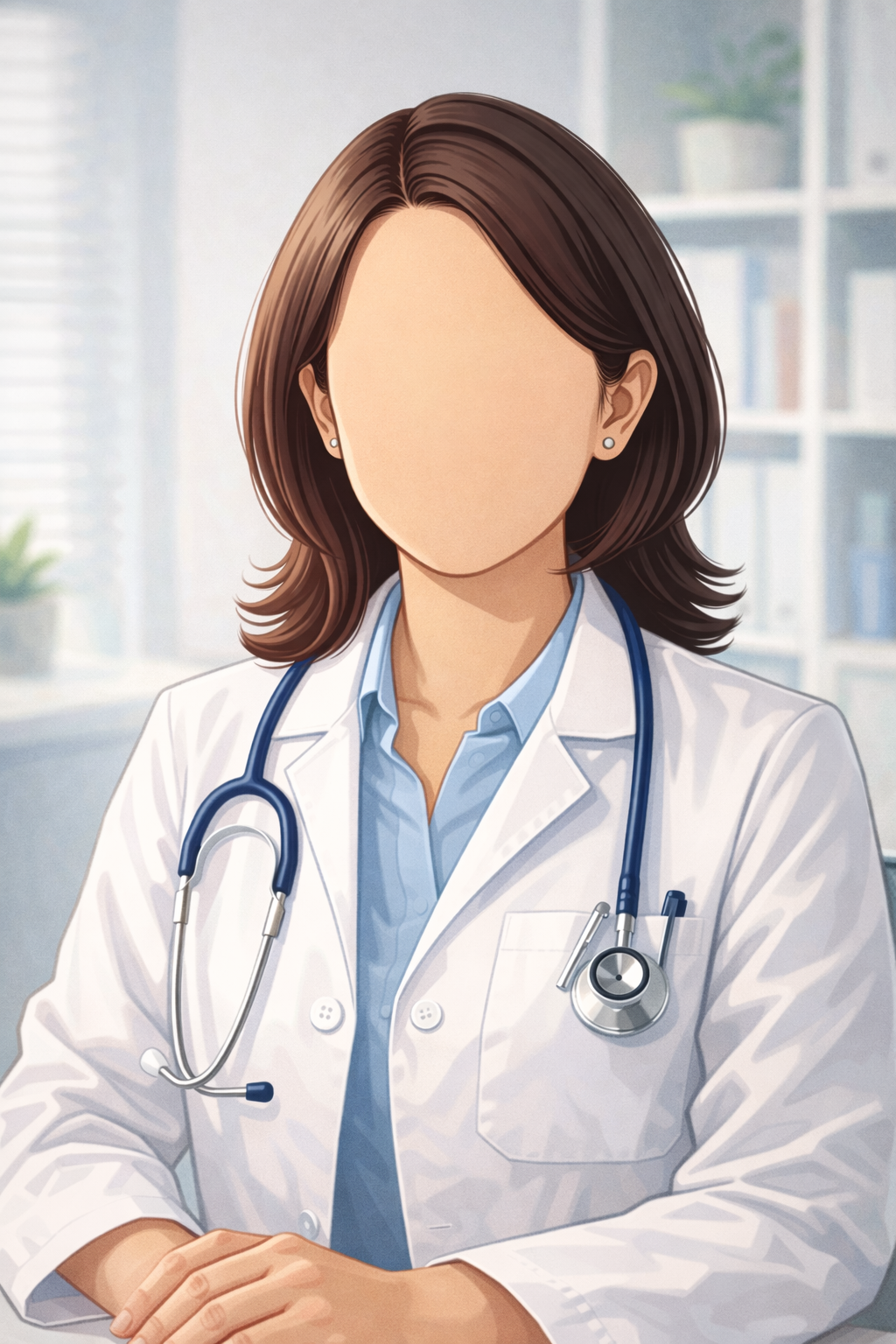 Illustration of a female doctor with shoulder-length brown hair, wearing a white lab coat, light blue shirt, and a stethoscope around her neck in a medical office setting.