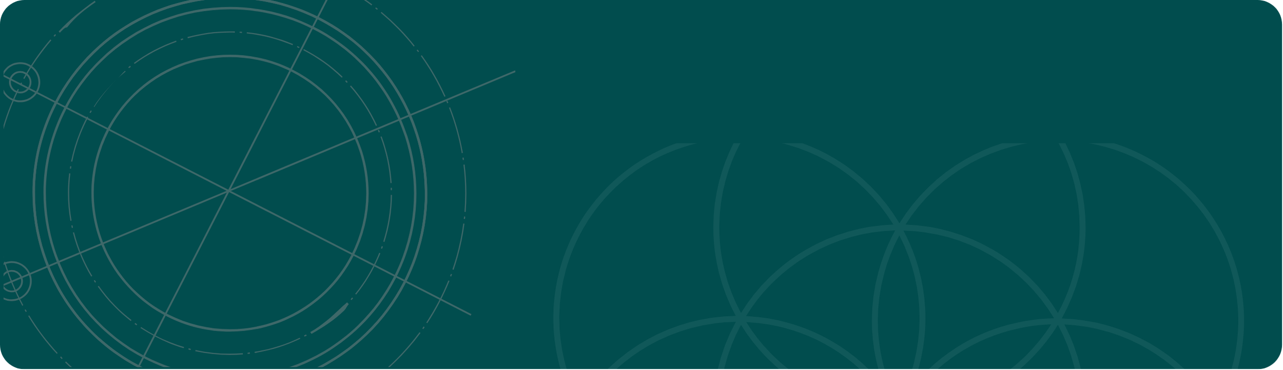 Teal background with abstract geometric and circular line patterns on the left and faint arcs on the right representing retreat architecture.