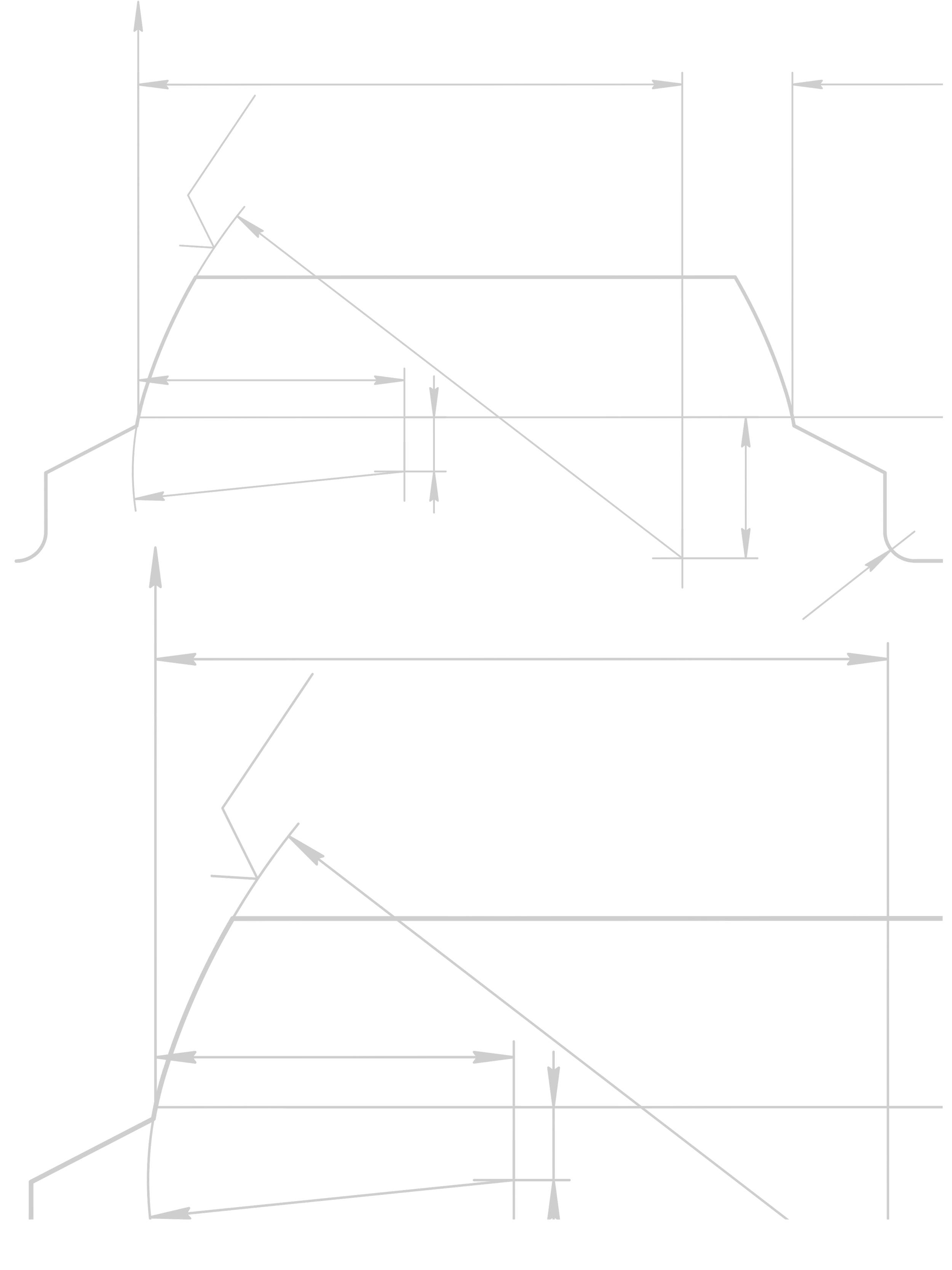 Technical drawing showing two different diagrams with labeled dimensions, arrows, and lines indicating measurements for retreat systems and templates