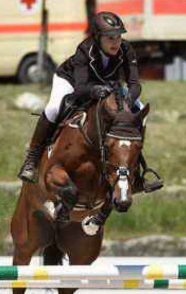 Reiter auf einem Springpferd, das eine solchen Sprung macht, im Hintergrund eine Ambulanz.