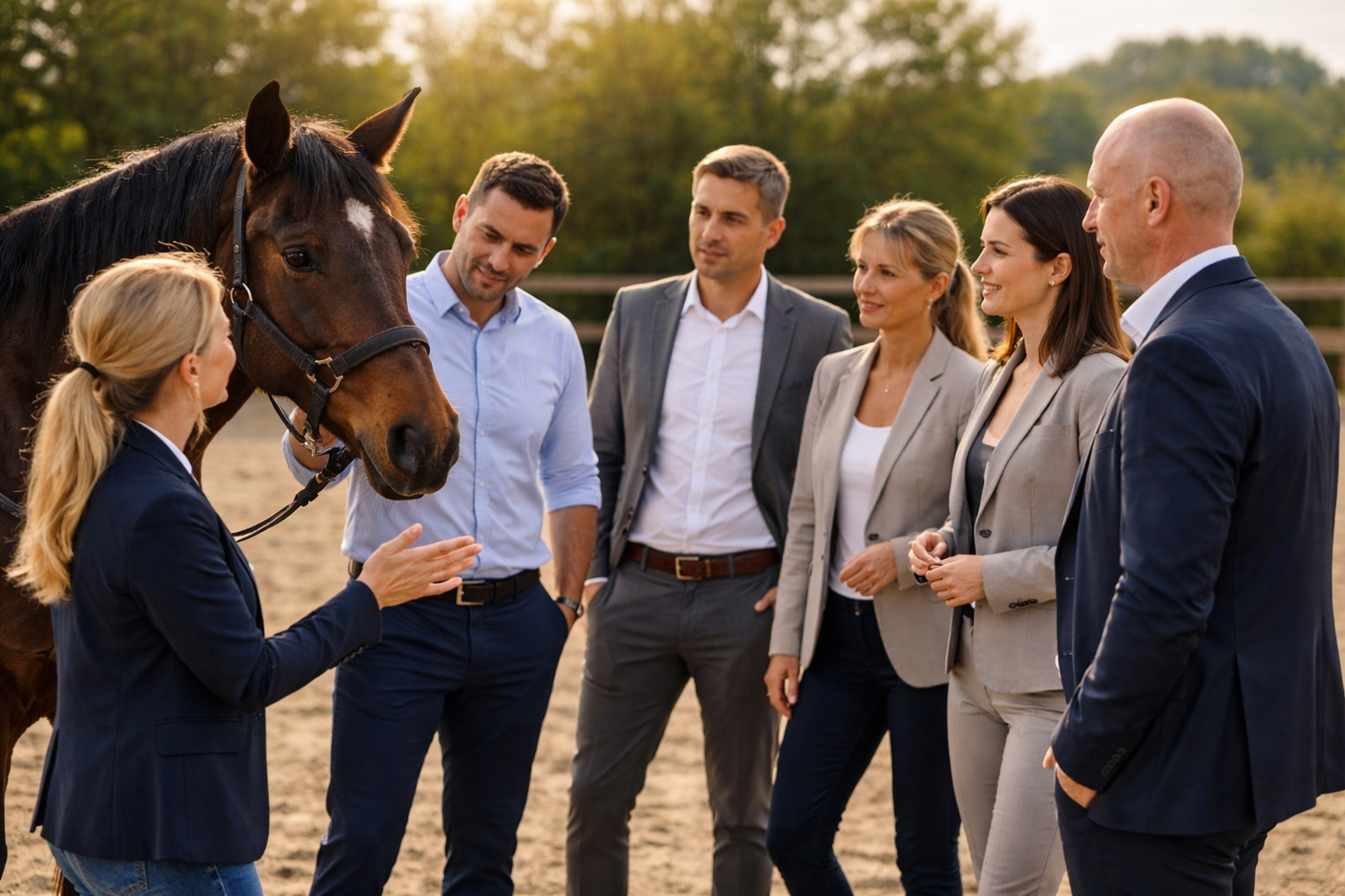 Eine Gruppe von sechs Menschen in formeller Kleidung spricht mit einer Frau, die ein Pferd hält, auf einer Reitbahn im Freien bei Sonnenuntergang.