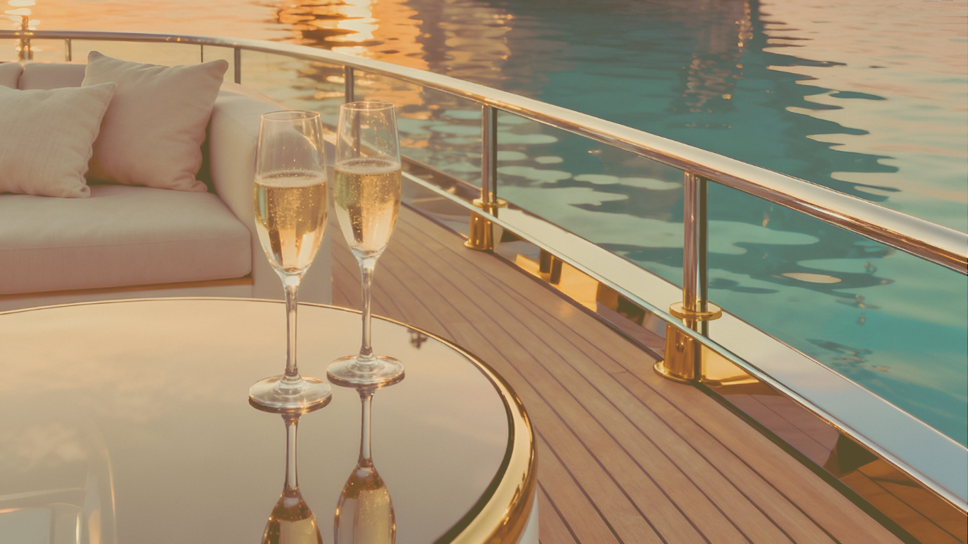 champagne on deck at sunset