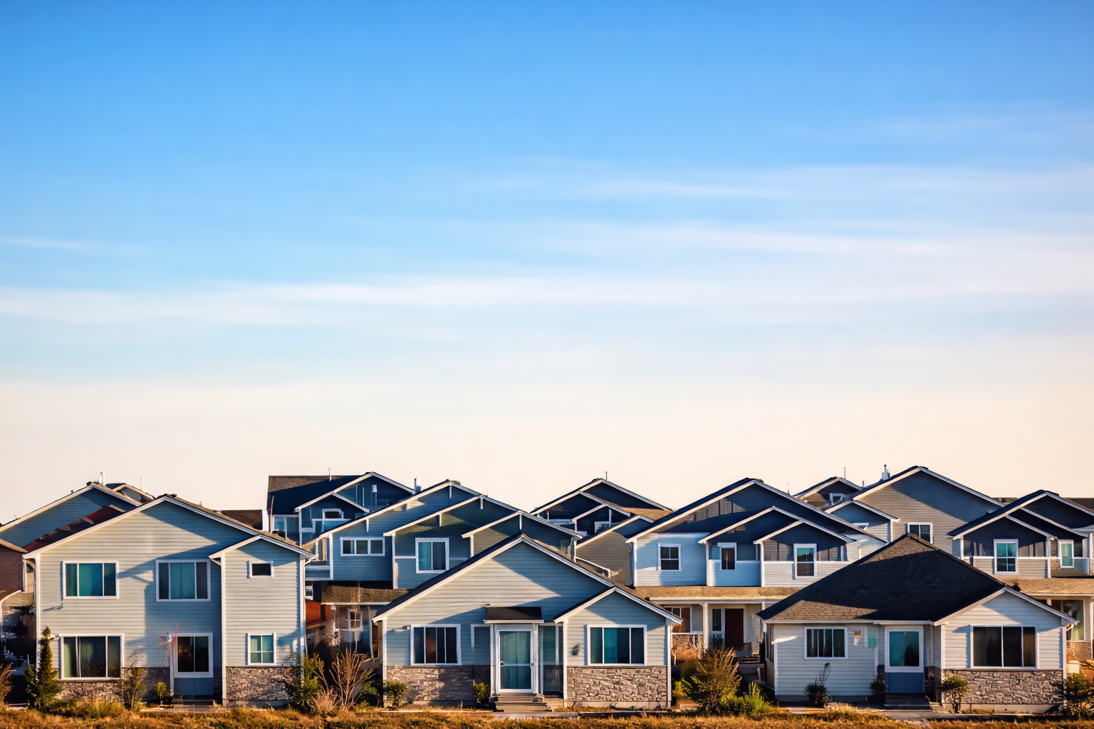 A neighborhood of modern houses with different colored and styled roofs, under a clear blue sky.