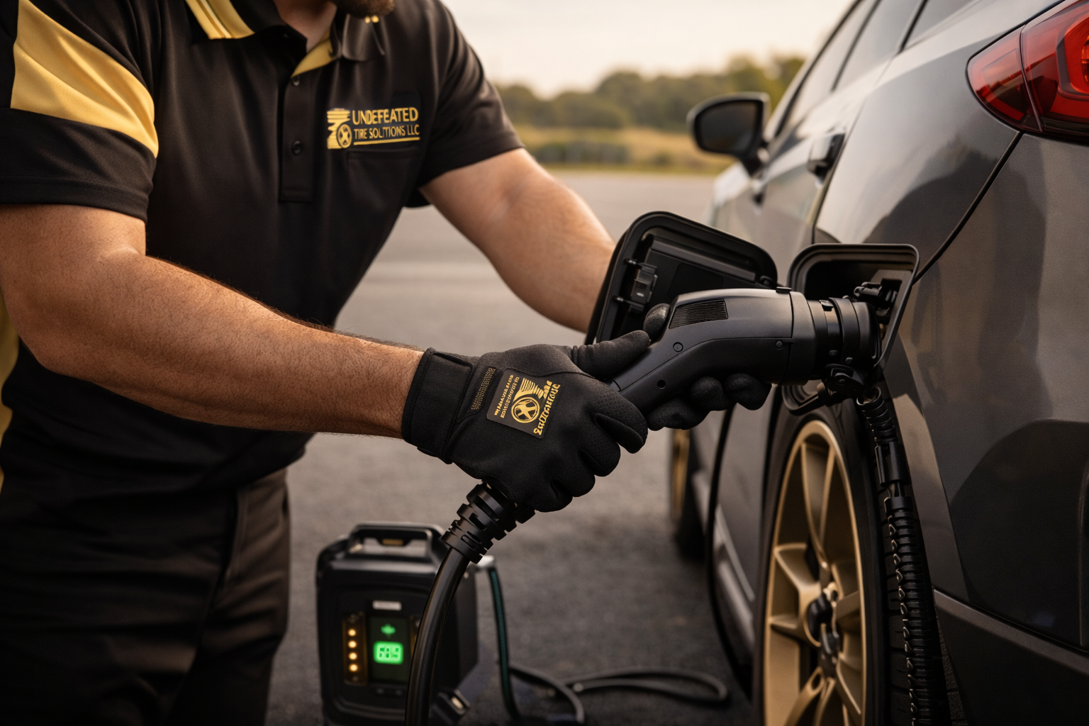 A person using an electric vehicle charging station to charge a gray car with gold rims at an outdoor location during sunset.