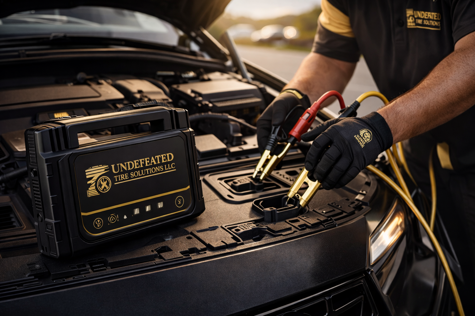 A mechanic testing a car battery with a digital multimeter, with a black and gold portable battery charger labeled 'Undefeated Tire Solutions LLC' nearby.