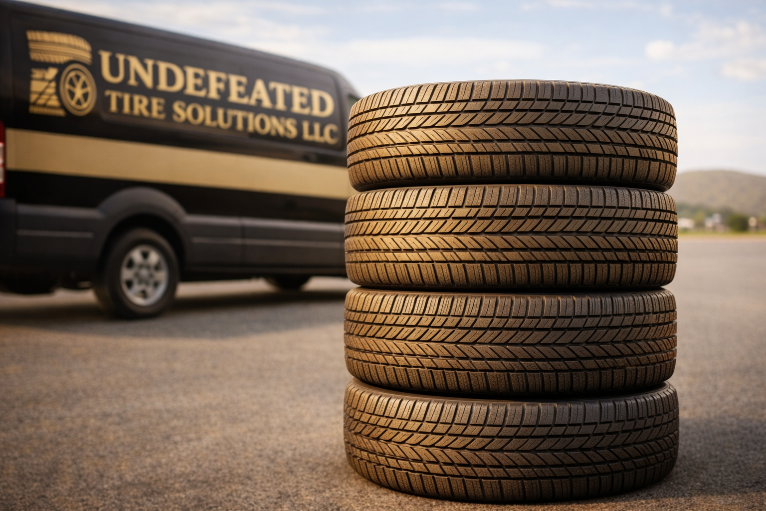 Four car tires stacked vertically in front of a black van with a sign that reads "UNDEFEATED TIRE SOLUTIONS LLC" parked on a paved surface outdoors with a cloudy sky in the background.