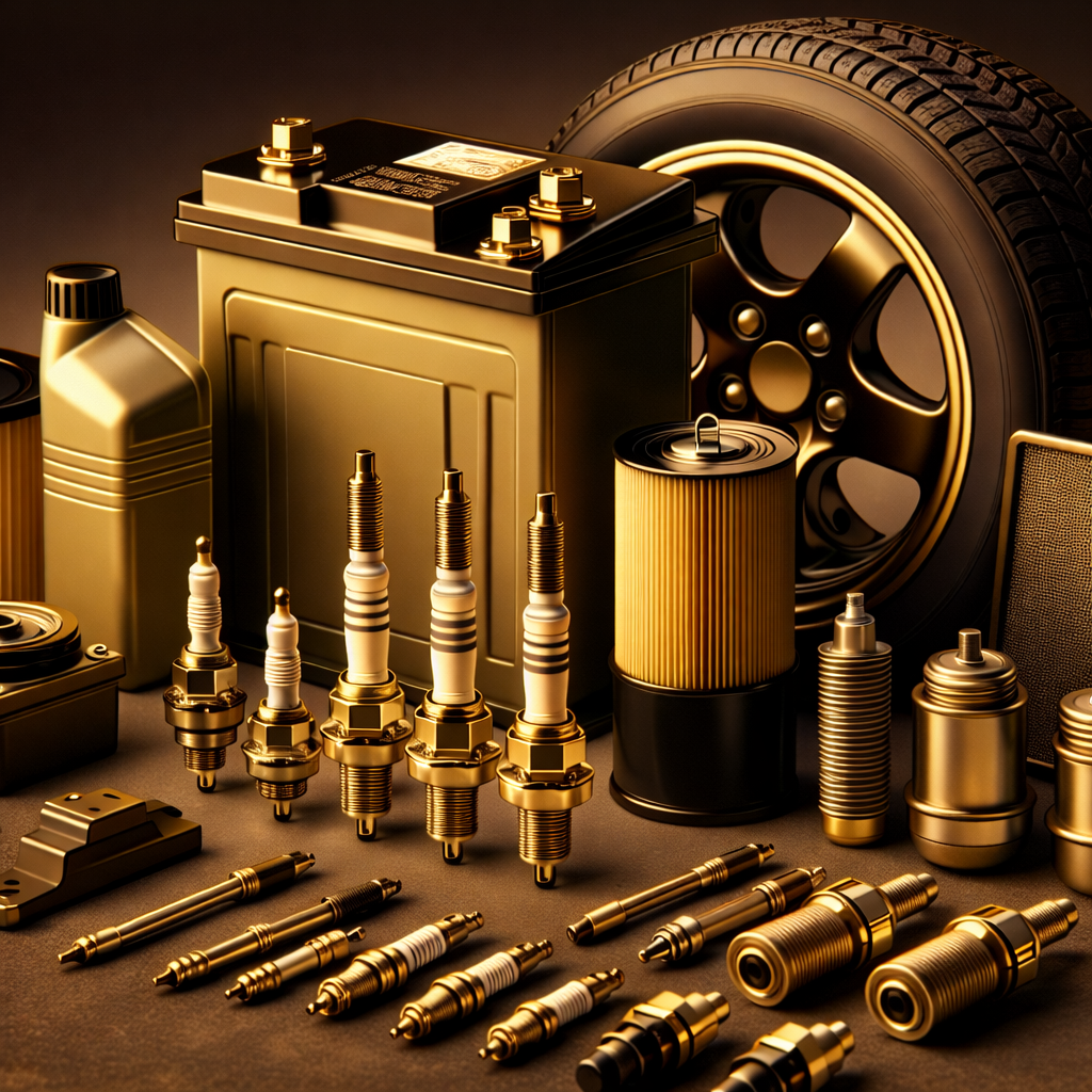 Various automotive parts and accessories including spark plugs, oil filters, a car battery, a tire, and other engine components, all in a gold finish.