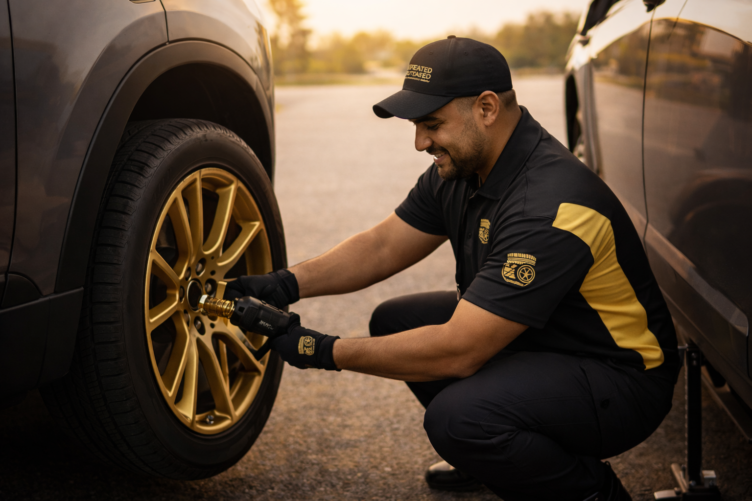 A man in black and yellow work uniform and cap changing a car tire with a tool, next to a black vehicle during sunset.