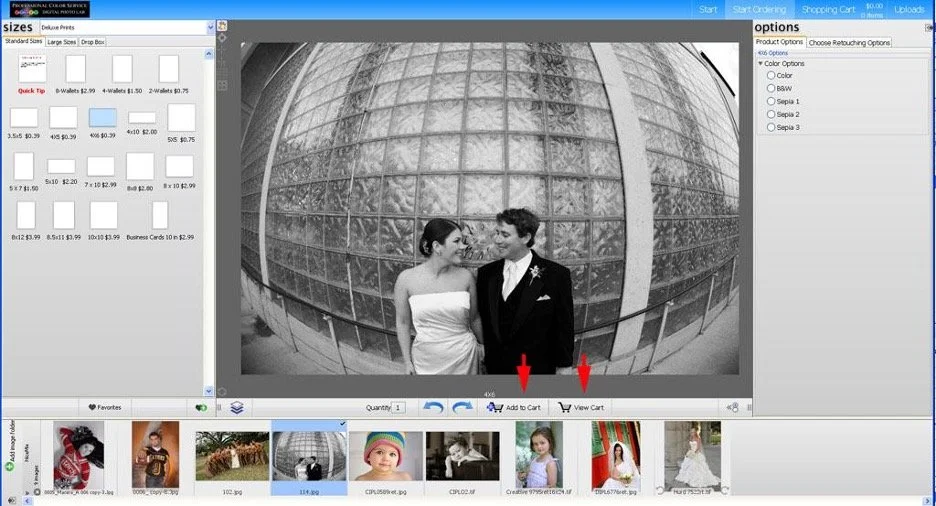 A black and white photograph of a couple in wedding attire standing in front of a spherical glass building, with the woman in a strapless wedding dress and the man in a suit and tie, smiling at each other.