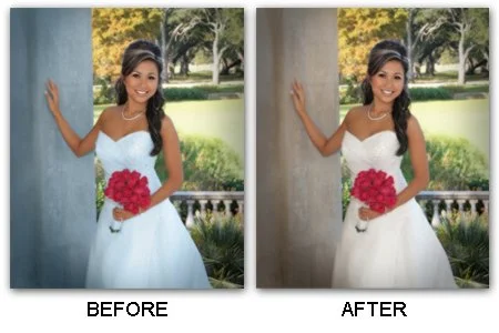 Side-by-side comparison of a woman's wedding photo showing a before and after image with slight color and lighting differences. The woman is wearing a white wedding dress, holding a bouquet of pink flowers, outdoors with trees and a lawn in the background.