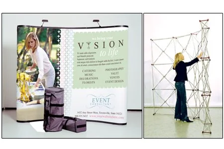 A side-by-side of two images: on the left, a woman at a booth with a sign that reads "VISSION to life" and includes services like catering and event planning; on the right, a woman building or adjusting a geometric wall structure with string and wooden pieces.