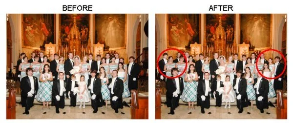 A group of people dressed in formal wedding attire, including bride and groom, posing for a photo in a church. The 'before' image shows the group without circles, and the 'after' image highlights two women within red circles.