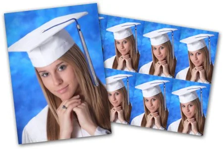 A set of five identical graduation portraits of a young woman in a white cap and gown, with a blue background.