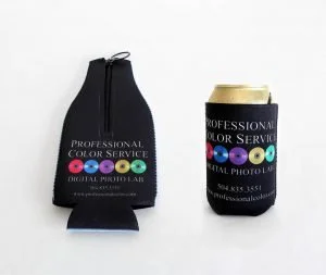 Black can cooler with hair salon logo, next to a beverage can inside a similar cooler with the same logo on a plain white background.