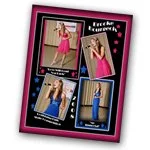 Fashion catalog featuring four models in pink and beige and blue outfits