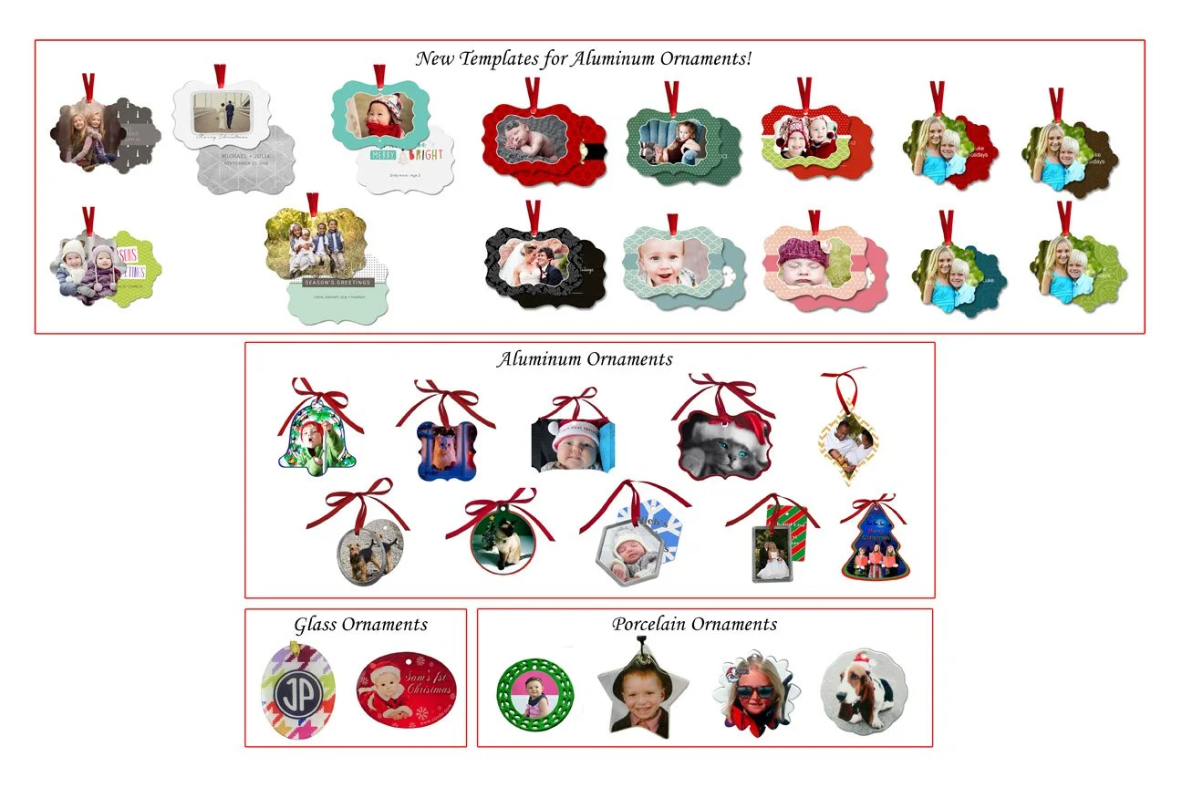 A display of holiday ornaments including photo-based ornaments in various shapes, decorative aluminum ornaments with ribbons, glass ornaments with Christmas designs, and porcelain ornaments with holiday themes.
