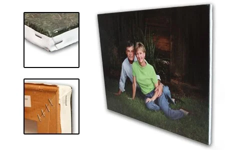 A collage of three images: a close-up of a mattress with a green and white cover, a close-up of a framed artwork or photo, and a photo of two children sitting outside at night.