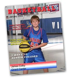 Magazine cover titled 'BASKETBALL' from January 2008 featuring a young boy in a blue basketball jersey holding a basketball in a gymnasium.