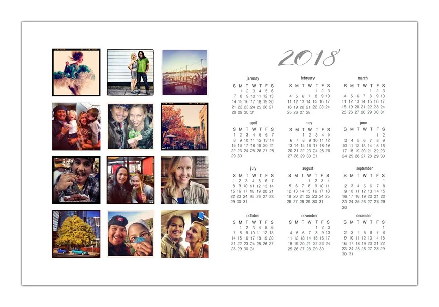 2023 calendar with twelve months and a collection of personal photos on the left side, including people smiling, posing, and engaging in activities.