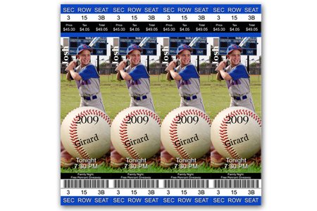 Four baseball tickets with a photo of a young baseball player holding a bat, the year 2009 printed on a baseball, and text indicating an event tonight at 7:30 PM.