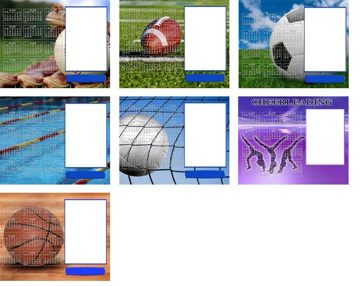A collection of seven sports-themed digital images featuring basketball, football, soccer, swimming, volleyball, and cheerleading, each with a blank white space for text.