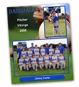 Baseball team photo from 2008, featuring players and coach Jimmy Canto, with a cover design including a picture of a batter in action.