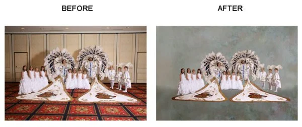Comparison of two photos of a group of children in costumes with large feathered headpieces, showing an indoor scene with a wooden paneled wall before and a plain painted wall after.