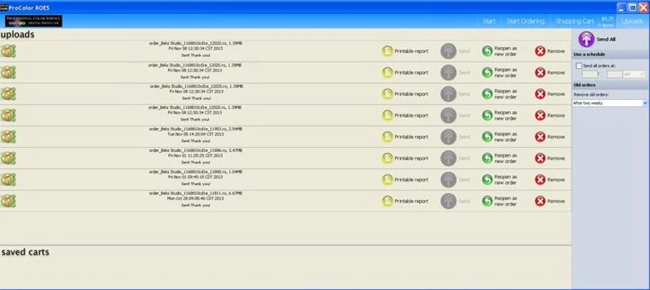 Screenshot of an online order management interface showing a list of order statuses, including 'Printable report', 'Sent', 'Reopen as a new order', and 'Remove', with a section labeled 'saved carts' at the bottom.