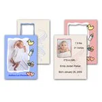 Two sets of baby photos with decorative frames; one set has a blue theme, the other has a pink theme.