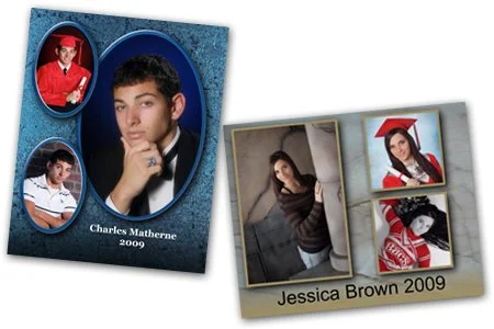 Two graduation photo collages from 2009, one featuring Charles Matherne in a red cap and gown, and the other featuring Jessica Brown in a black and white photo with additional images of her in graduation attire.
