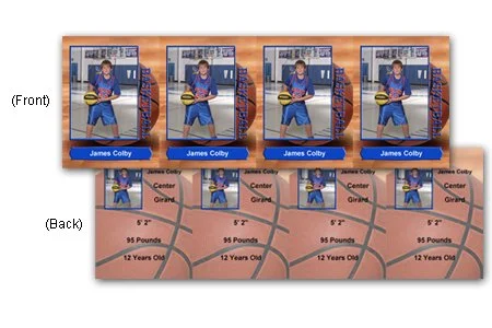 A four-panel slideshow of a young boy named James Colby playing volleyball, with his measurements and age displayed, and a basketball court background.