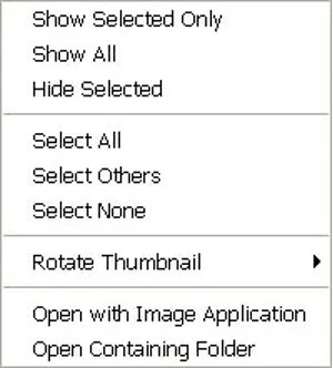 Screenshot of a menu with options to show selected items, show all, hide selected, select all, select others, select none, rotate thumbnail, open with image application, and open containing folder.