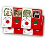 Set of four Christmas-themed gift tags with red and white colors, featuring holiday decorations and a Santa Claus image.