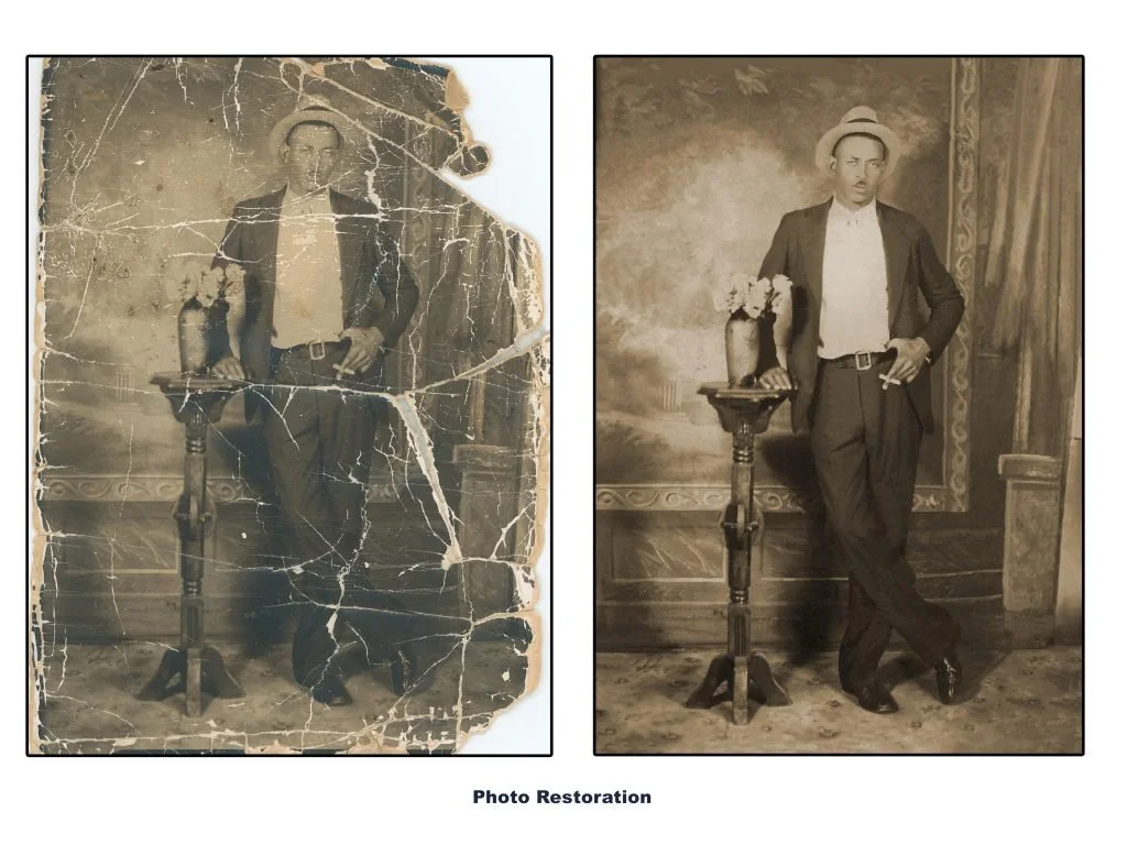 Comparison of a damaged, cracked, and faded vintage black-and-white photograph on the left with a restored version on the right featuring a young man in formal attire with a hat, standing next to a small table with a vase of flowers.