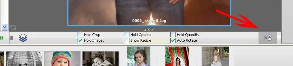 Screenshot of photo editing software showing a row of small thumbnail images of children and a toolbar with options for cropping, holding images, showing reticle, hold quantity, and auto-rotate.