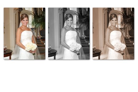 A bride in a wedding dress holding a bouquet, standing indoors with a background of plants and furniture, shown in three versions: color, black and white, and sepia.