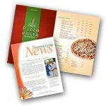 A collection of printed materials, including a menu, a newspaper, and a magazine.