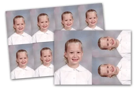 Two school photo strips of a young girl with blonde hair in a ponytail, wearing a white collared shirt, smiling in each photo.