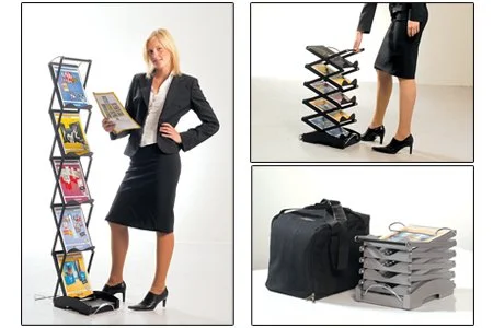 A woman holding a magazine next to a rolling magazine rack with magazines, a woman using a tiered paper organizer, and a transport case with a paper tray organizer filled with papers.