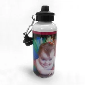 A white water bottle with a black screw-on lid, featuring a photo of a smiling child and a colorful background, attached to a small carabiner clip.
