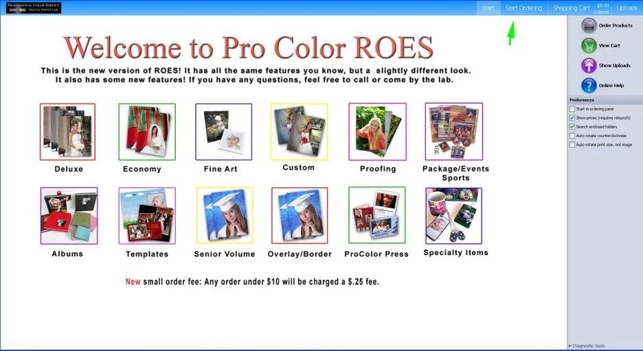 Screenshot of Pro Color ROES order website with categories: Deluxe, Economy, Fine Art, Custom, Proofing, Package/Events Sports, Albums, Templates, Senior Volume, Overlay/Borders, ProColor Press, Specialty Items.