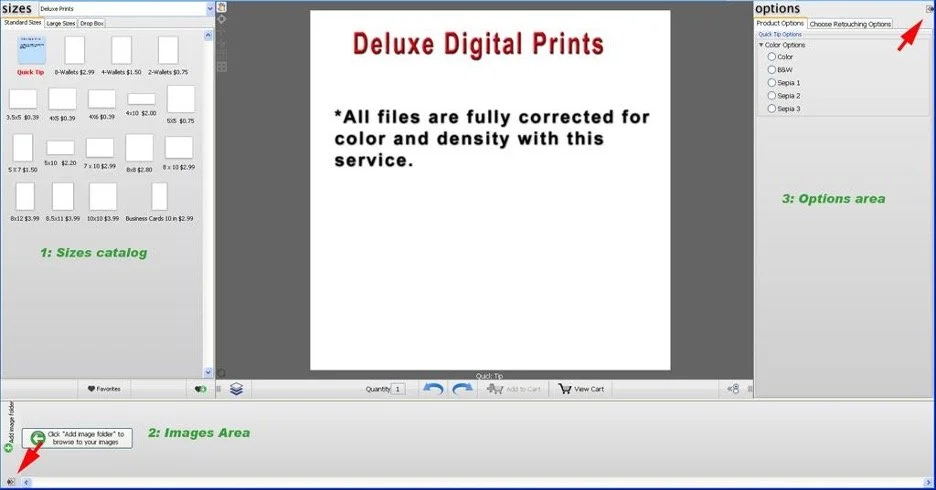 Screenshot of an online digital printing service interface showing three main areas: the sizes catalog on the left with various print options, the images area at the bottom left with a green circled icon indicating it's for browsing images, and the options area on the right with color options and a red arrow pointing to the options tab. The center displays a promotional message for Deluxe Digital Prints.