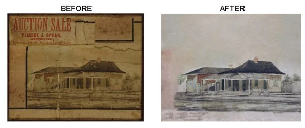 Comparison of a house's photograph before and after restoration, showing improved clarity and color in the after image.
