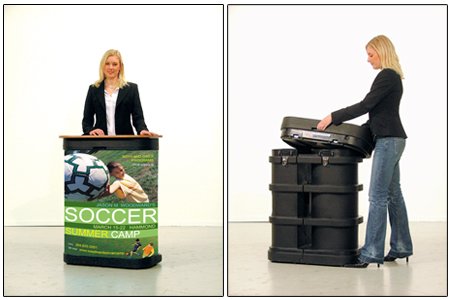 A woman standing at a soccer-themed promotional display on the left and the same woman stacking black plastic crates while placing a gray electronic device on top on the right.