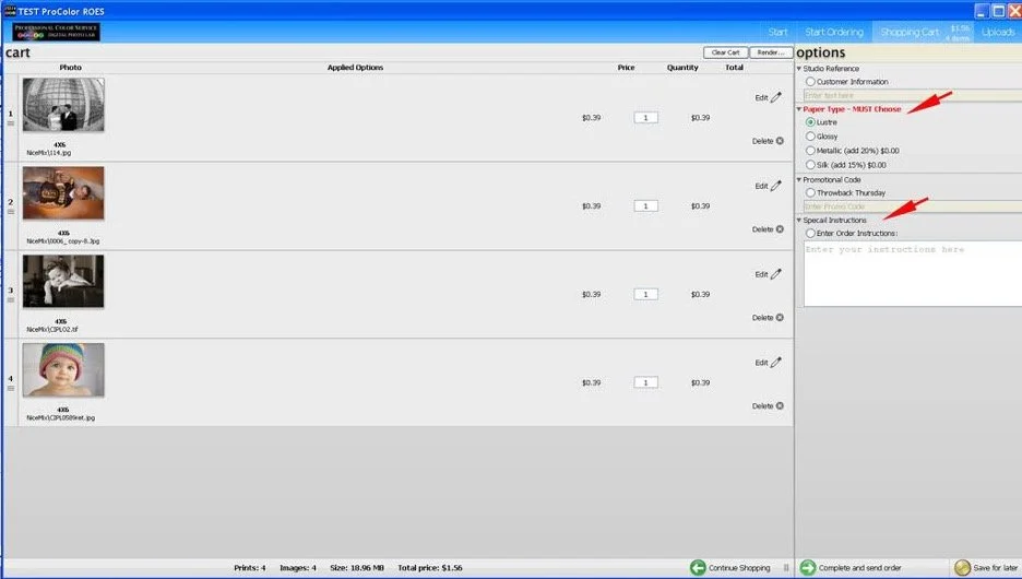 Screenshot of an online shopping cart webpage showing four product images, each with price, quantity, and total; options for paper type and promotional code are visible on the right.