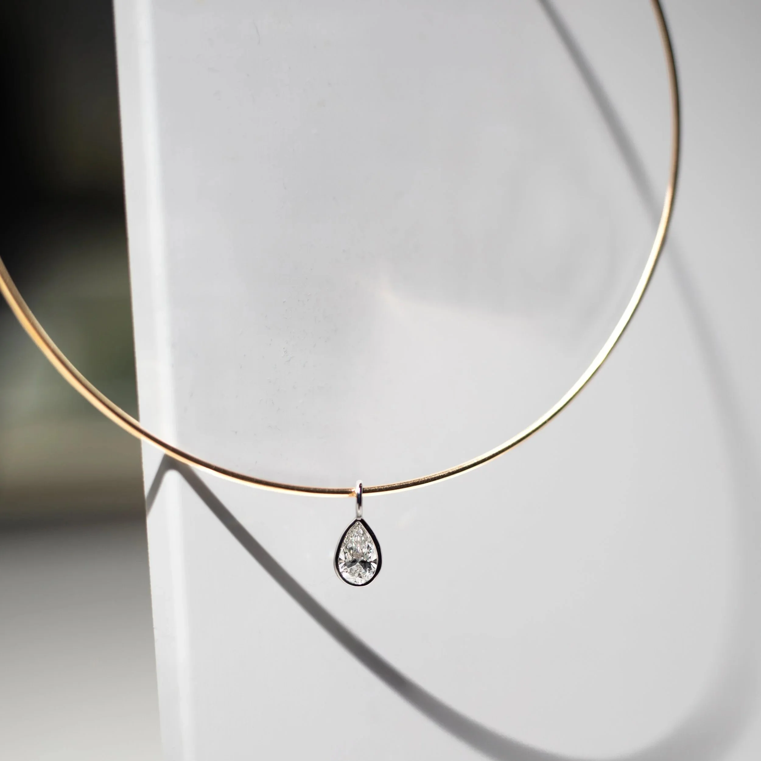 14K Collar necklace with pear shaped lab grown diamond